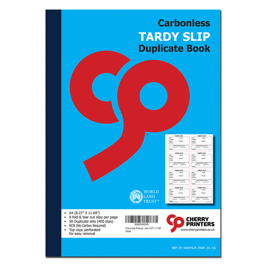 Tardy Slip | Fold and Tear | Duplicate Book | 2 part | Carbonless | 400 slips Per Book | A4 - 8.27" x 11.69" | BOX OF 20 BOOKS