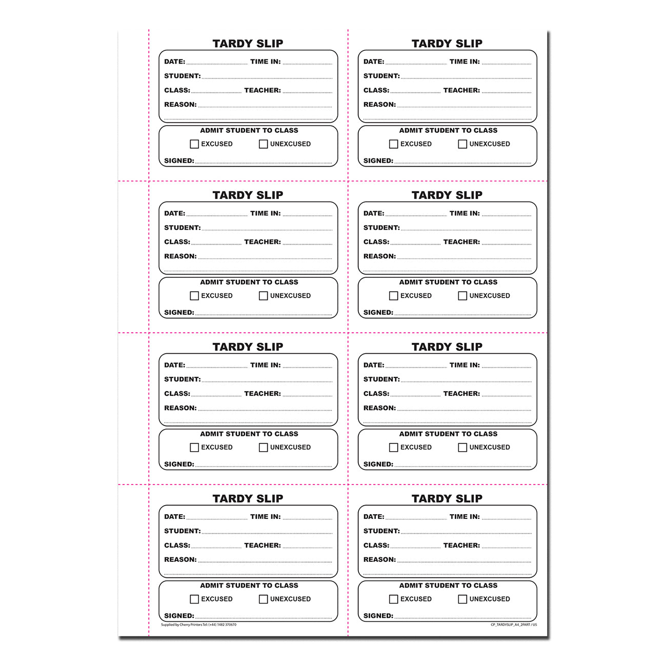 Tardy Slip | Fold and Tear | Duplicate Book | 2 part | Carbonless | 400 slips Per Book | A4 - 8.27" x 11.69" | BOX OF 20 BOOKS