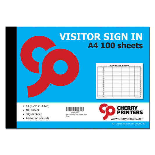 Visitor Sign In Log Book | 100 Pages | 80 gsm | A4 - 8.27" x 11.69" | BOX OF 20 BOOKS