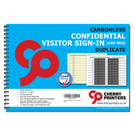 Confidential Visitor Sign In Log Book with Car Reg | Duplicate | 2 part | Carbonless | A4 - 8.27" x 11.69" | BOX OF 20 BOOKS