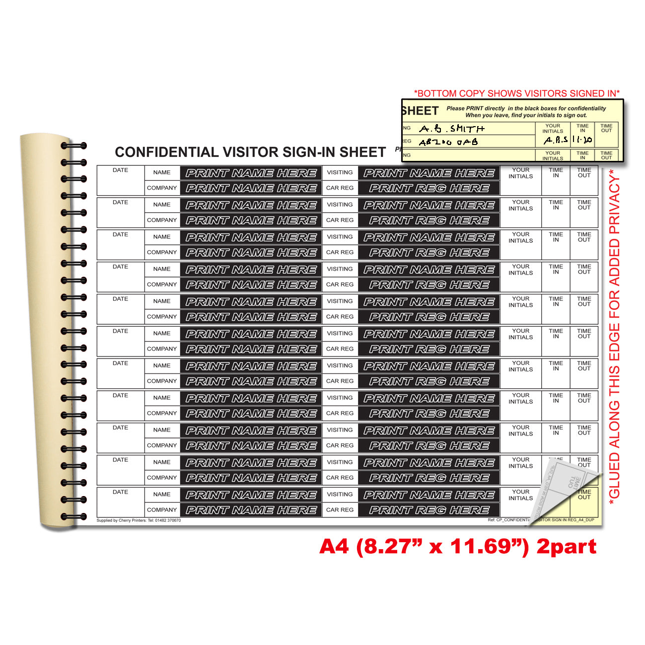 Confidential Visitor Sign In Log Book with Car Reg | Duplicate | 2 part | Carbonless | A4 - 8.27" x 11.69" | BOX OF 20 BOOKS